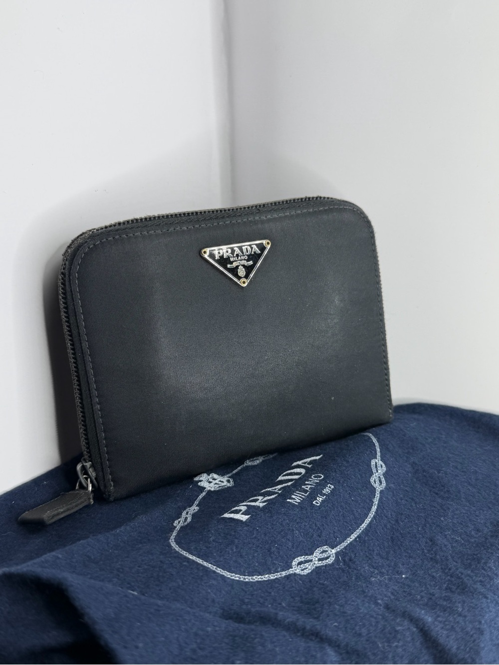 Prada Black Leather Zip-Around Wallet with Triangle Logo